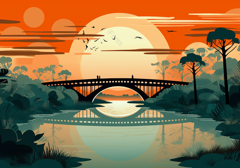 拱桥晚霞湖泊中国风国潮古典复古插画,插画/手绘图,插画/手绘图库,插画/手绘图下载,插画/手绘